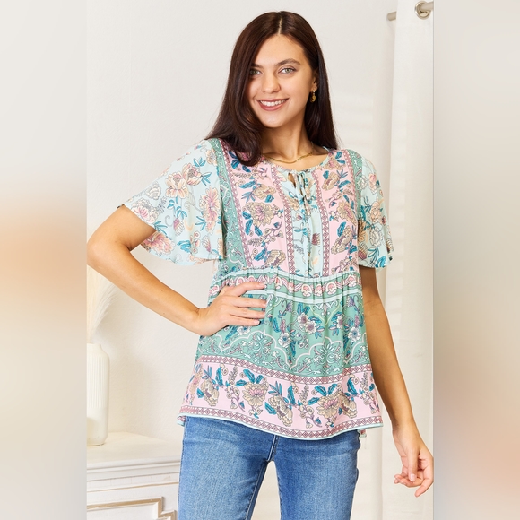 Double Take Floral Multi Color Tie Neck Short Sleeve Blouse 20%OFF - Picture 7 of 9